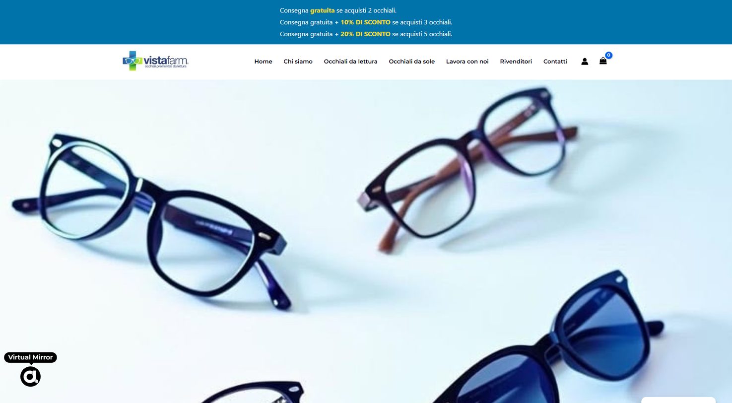 Home di Vistafarm: occhiali da lettura e da sole fotografati su fondo bianco, sopra la fascia blu con gli sconti a scalare.